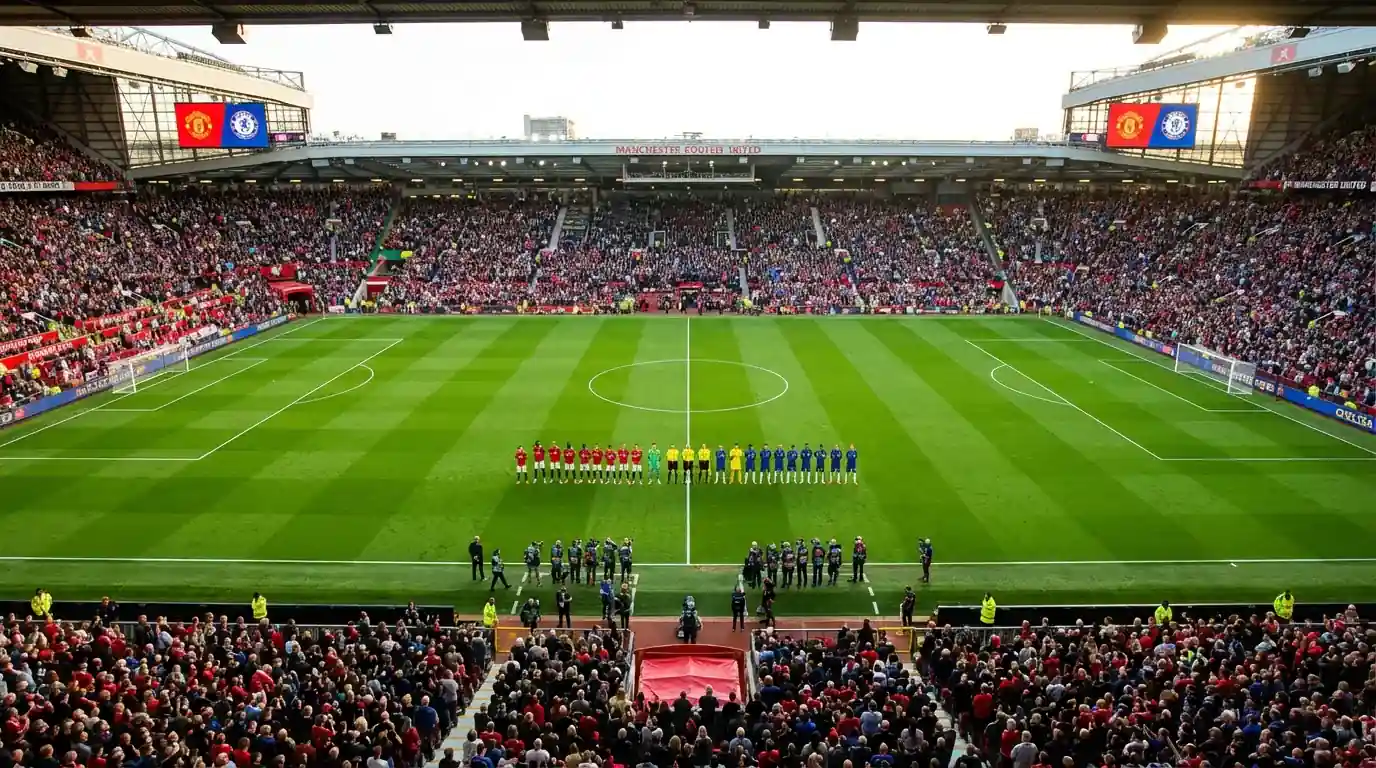 Cancha de fútbol vista desde la tribuna alta con equipos formados antes del pitazo inicial en un estadio lleno de espectadores