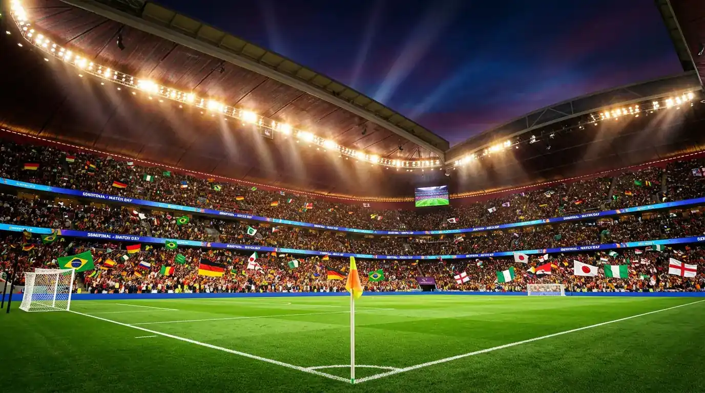 Estadio iluminado con banderas de las 48 selecciones del Mundial 2026 en Norteamérica