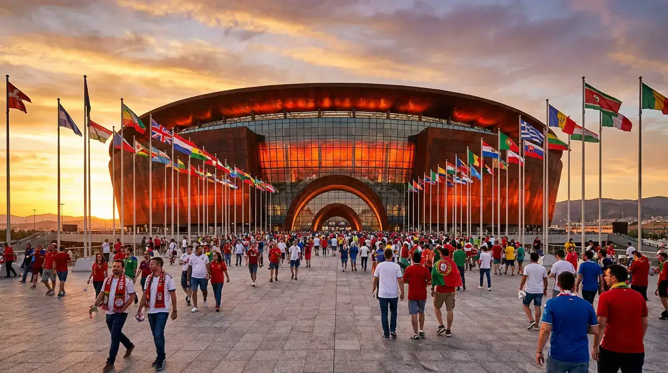 Vista exterior de un gran estadio de fútbol al atardecer con banderas internacionales ondeando frente a la entrada principal