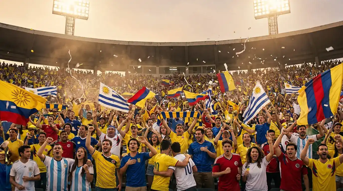 Hinchada sudamericana con camisetas de colores celebrando en la tribuna de un estadio durante un partido de eliminatorias